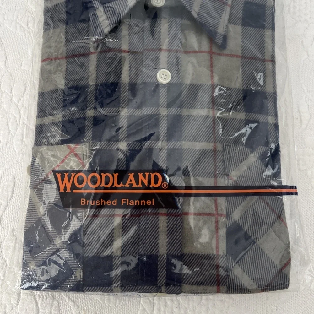 Vintage DEADSTOCK Woodland Brushed Flannel Plaid Perma Medium Blue Shirt Button